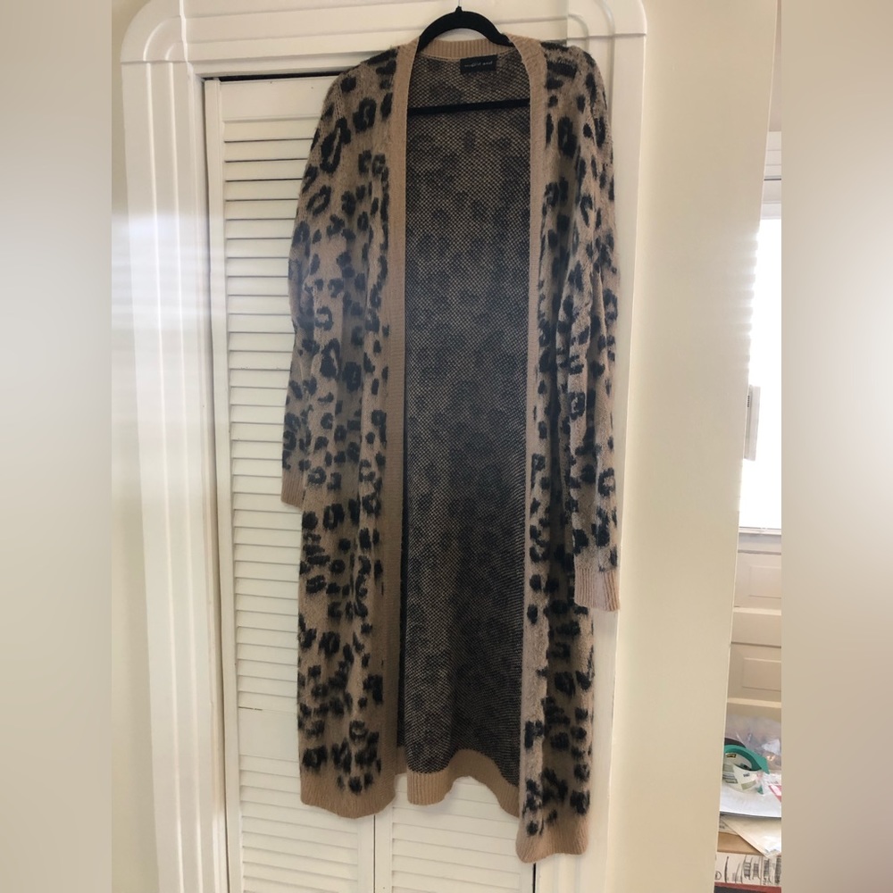 Long Leopard Print Open Cardigan - Beige/Black